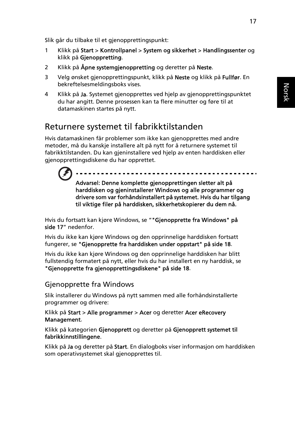 Returnere systemet til fabrikktilstanden | Acer TravelMate 4750 User Manual | Page 559 / 2286