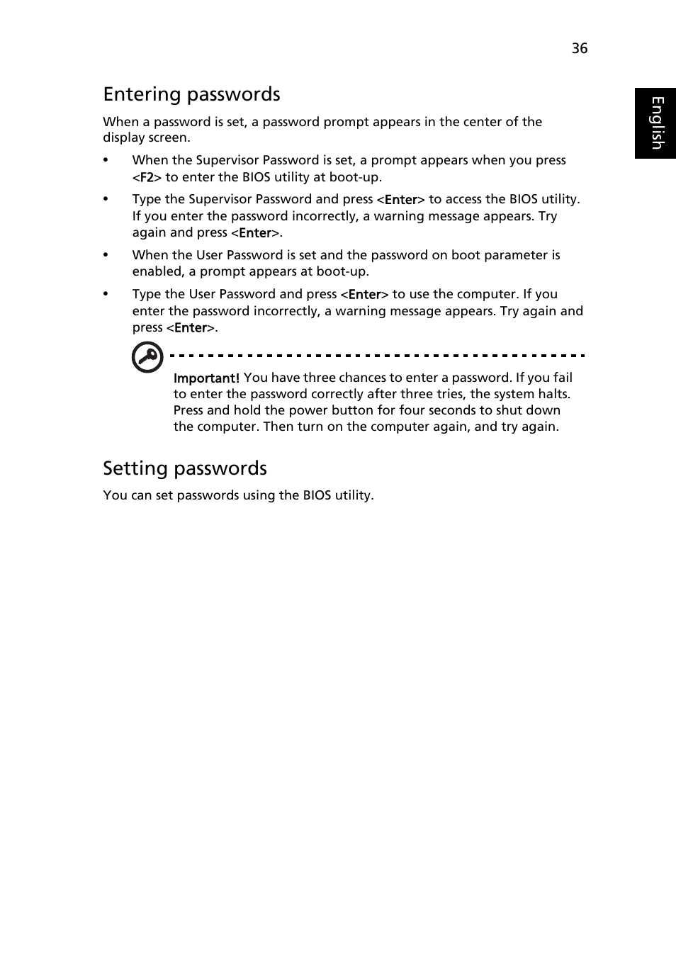 Entering passwords, Setting passwords | Acer TravelMate 4750 User Manual | Page 56 / 2286