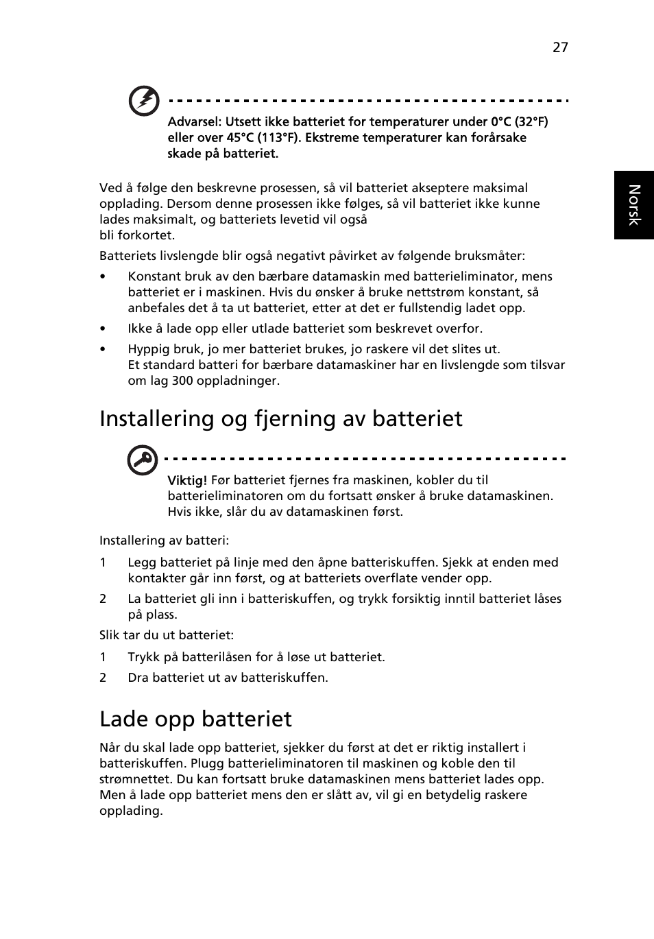 Installering og fjerning av batteriet, Lade opp batteriet | Acer TravelMate 4750 User Manual | Page 569 / 2286