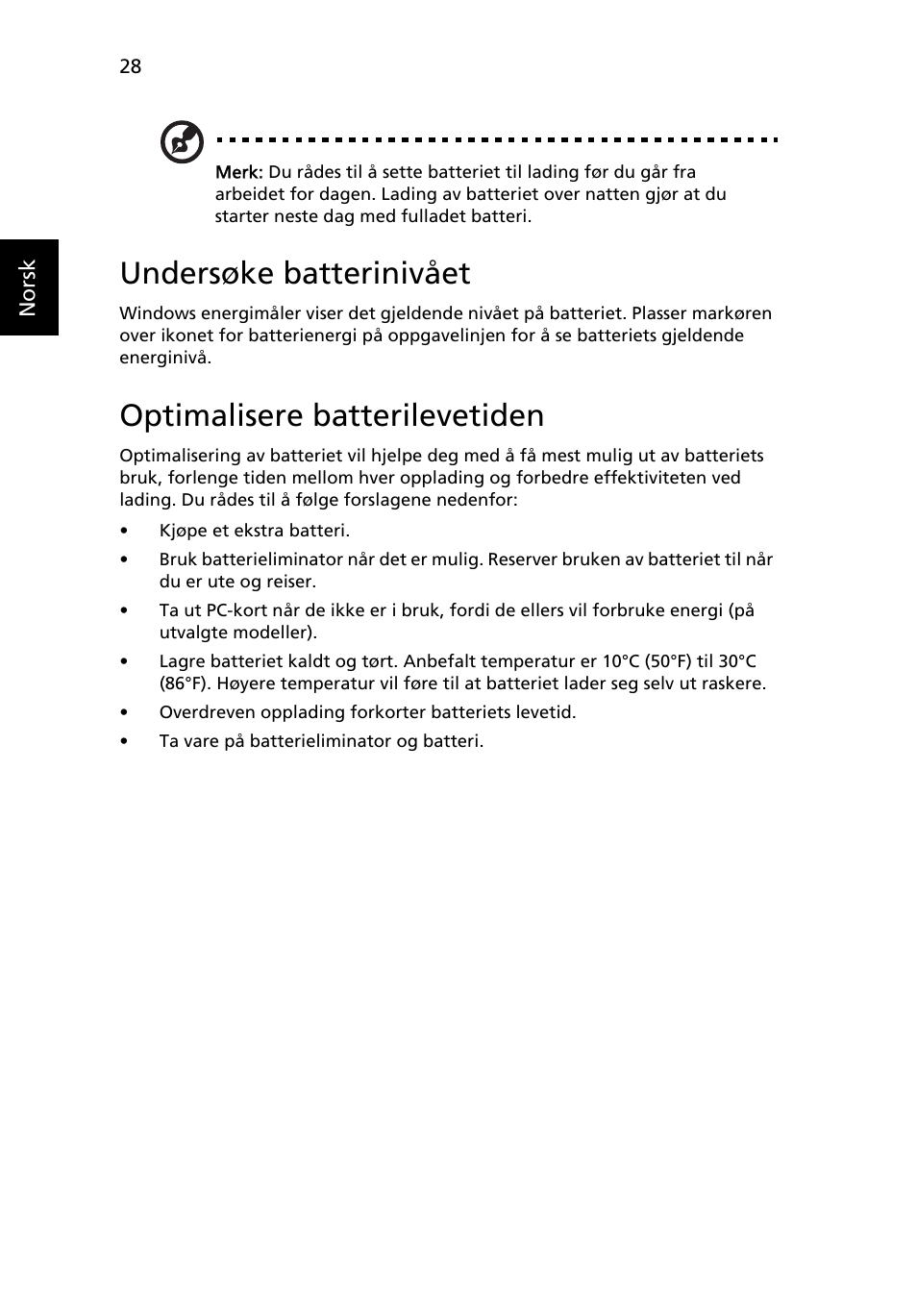 Undersøke batterinivået, Optimalisere batterilevetiden | Acer TravelMate 4750 User Manual | Page 570 / 2286