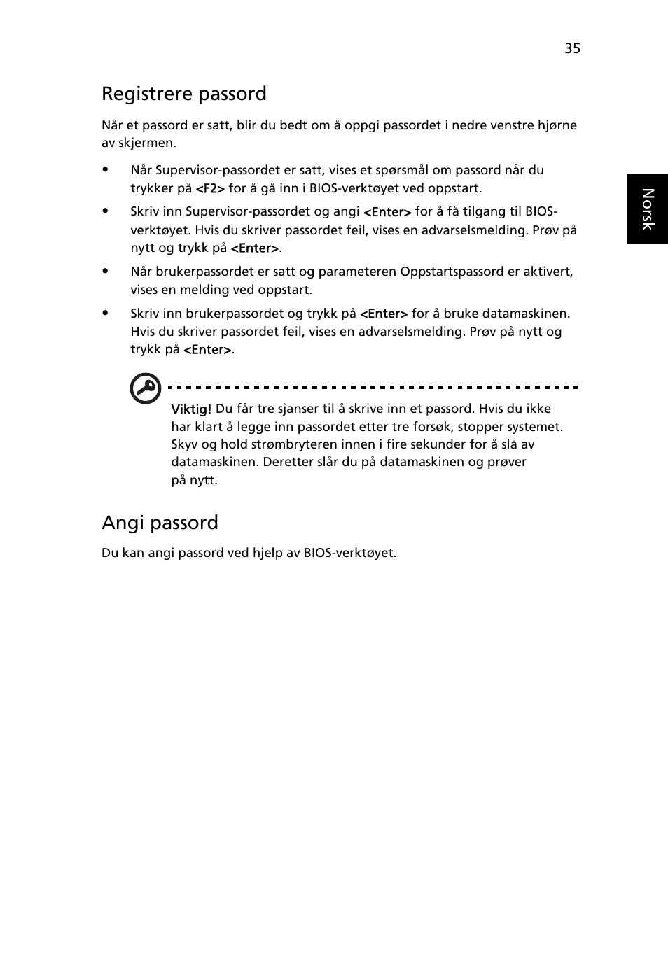 Registrere passord, Angi passord | Acer TravelMate 4750 User Manual | Page 577 / 2286