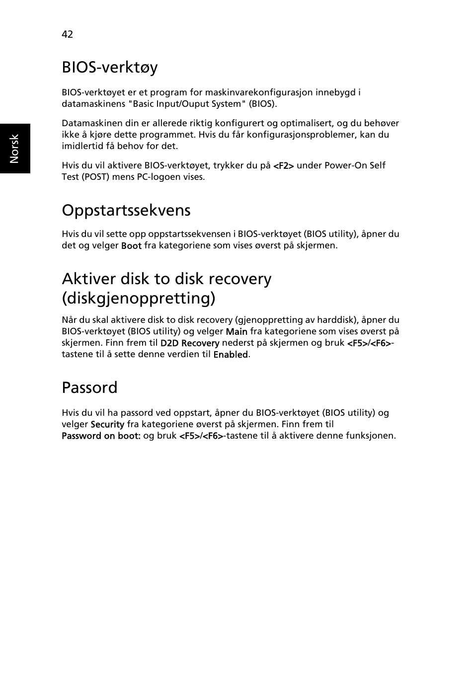 Bios-verktøy, Oppstartssekvens, Aktiver disk to disk recovery (diskgjenoppretting) | Passord | Acer TravelMate 4750 User Manual | Page 584 / 2286