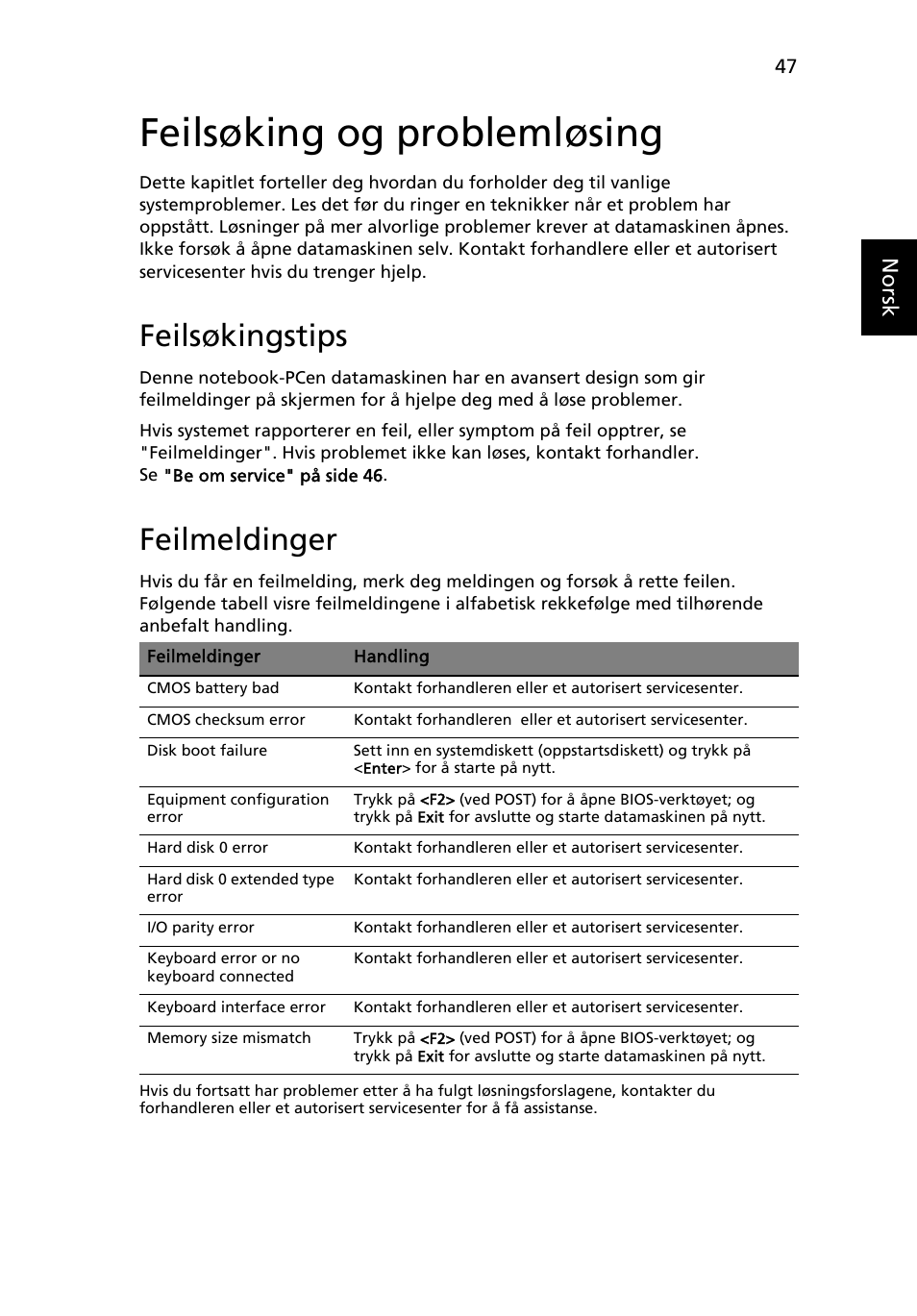 Feilsøking og problemløsing, Feilsøkingstips, Feilmeldinger | Eng lish norsk | Acer TravelMate 4750 User Manual | Page 589 / 2286