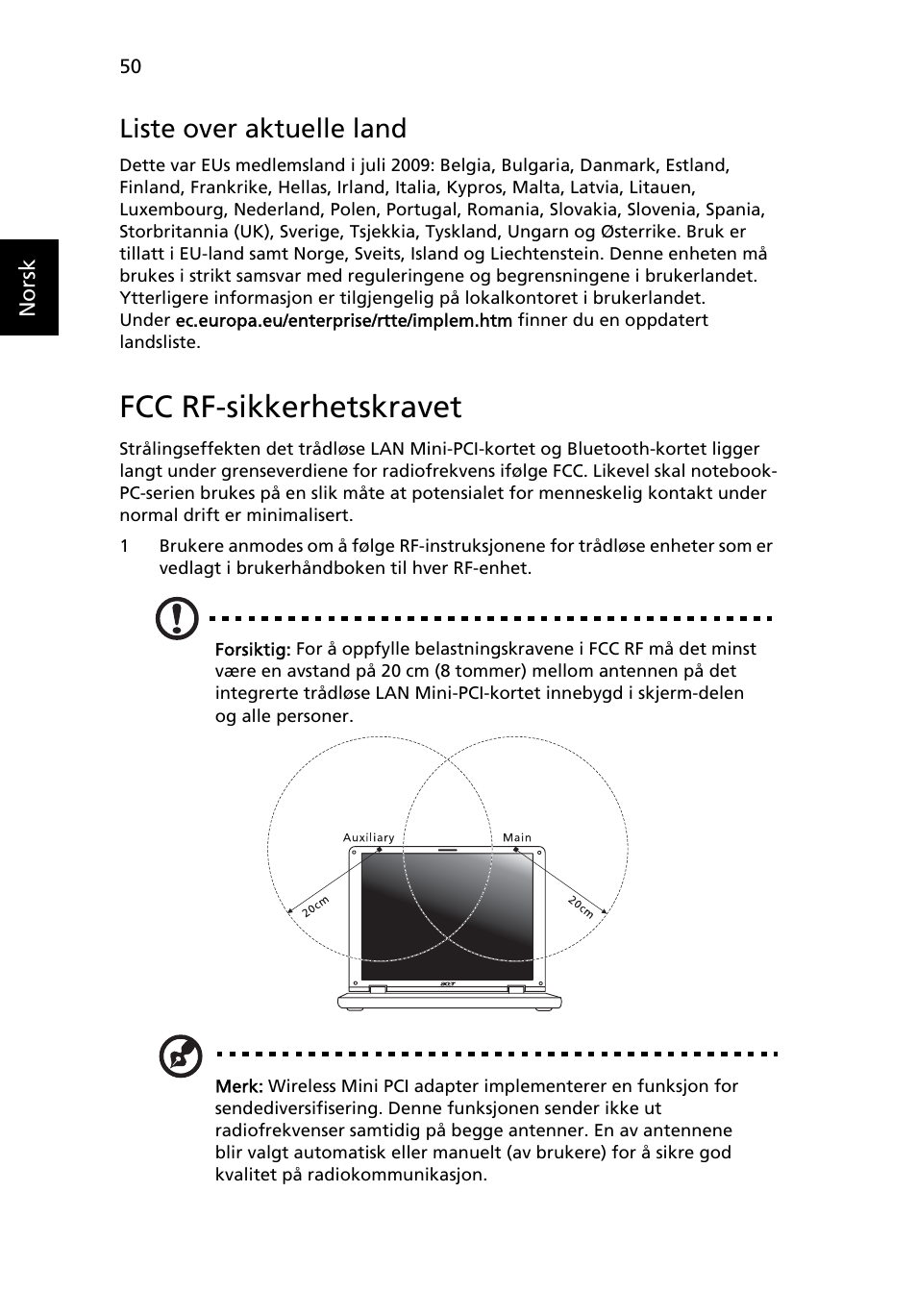 Fcc rf-sikkerhetskravet, Liste over aktuelle land | Acer TravelMate 4750 User Manual | Page 592 / 2286