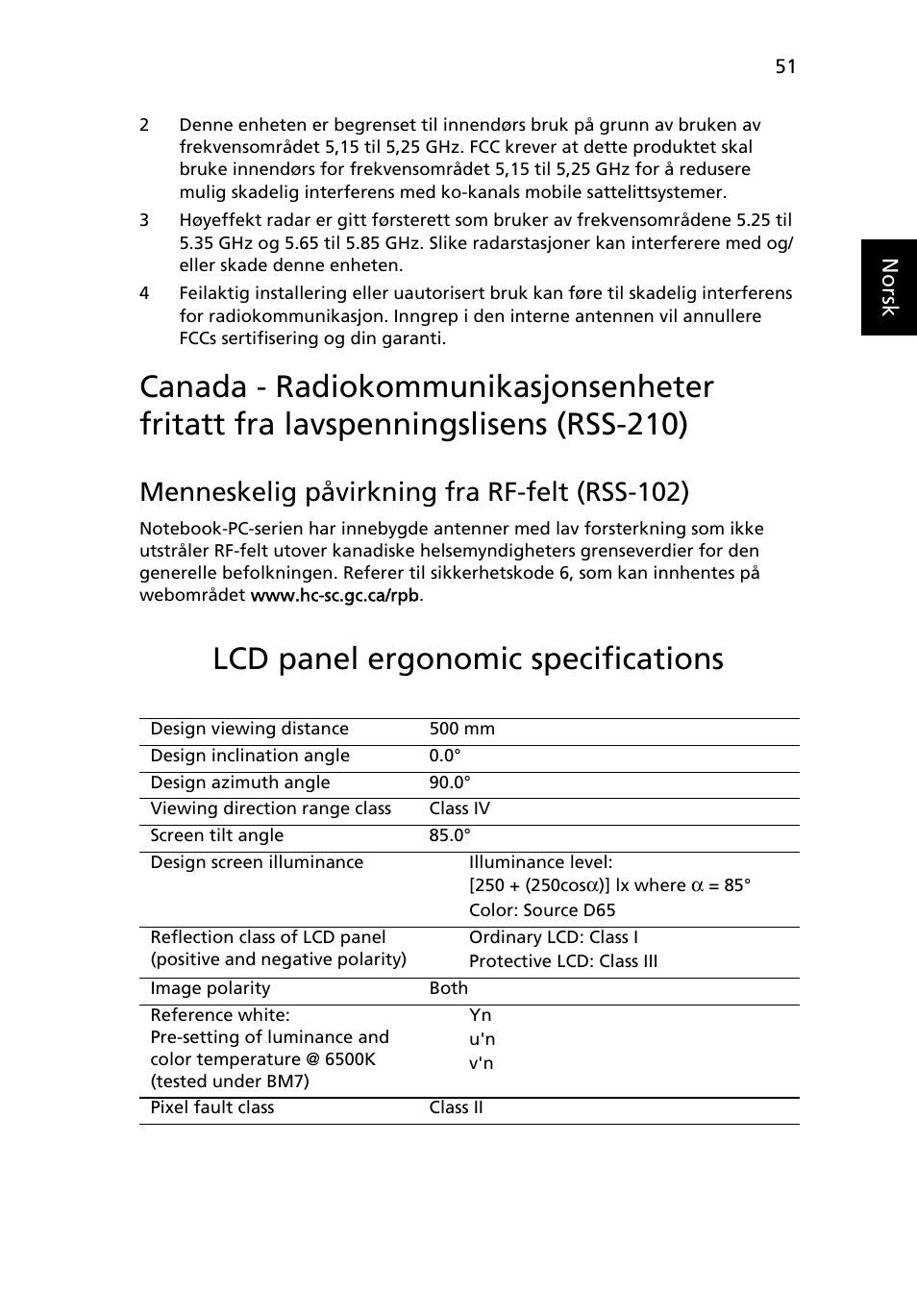 Lcd panel ergonomic specifications, Menneskelig påvirkning fra rf-felt (rss-102) | Acer TravelMate 4750 User Manual | Page 593 / 2286