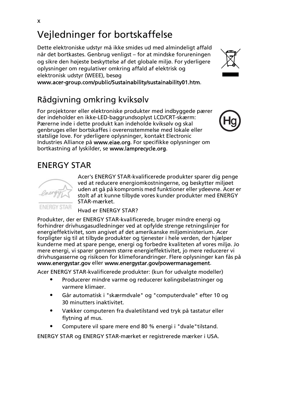 Vejledninger for bortskaffelse, Rådgivning omkring kviksølv, Energy star | Acer TravelMate 4750 User Manual | Page 604 / 2286