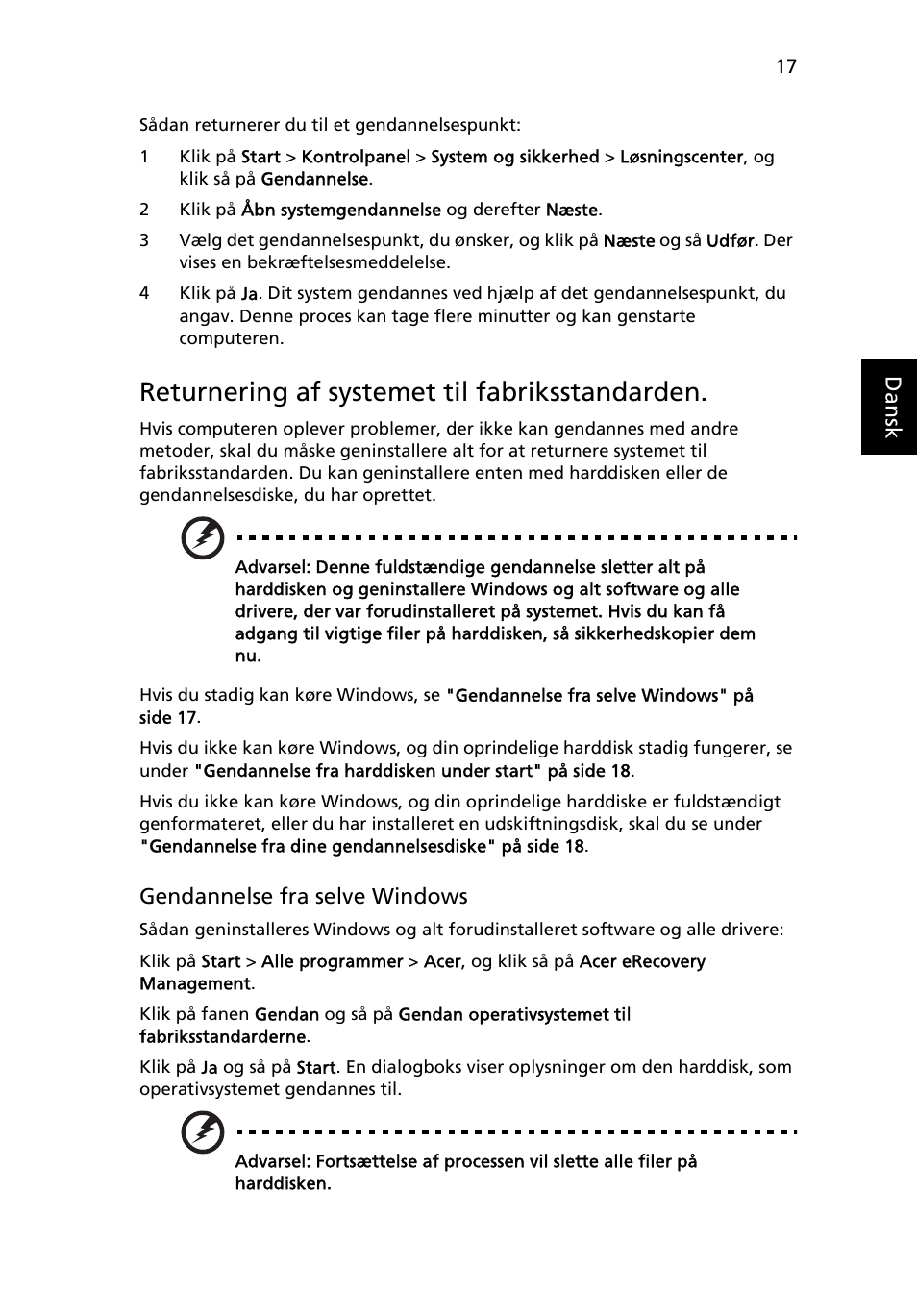 Returnering af systemet til fabriksstandarden | Acer TravelMate 4750 User Manual | Page 631 / 2286