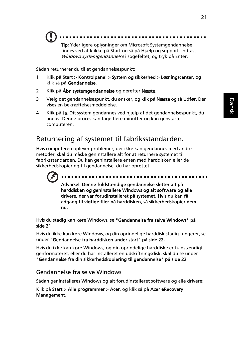 Returnering af systemet til fabriksstandarden | Acer TravelMate 4750 User Manual | Page 635 / 2286