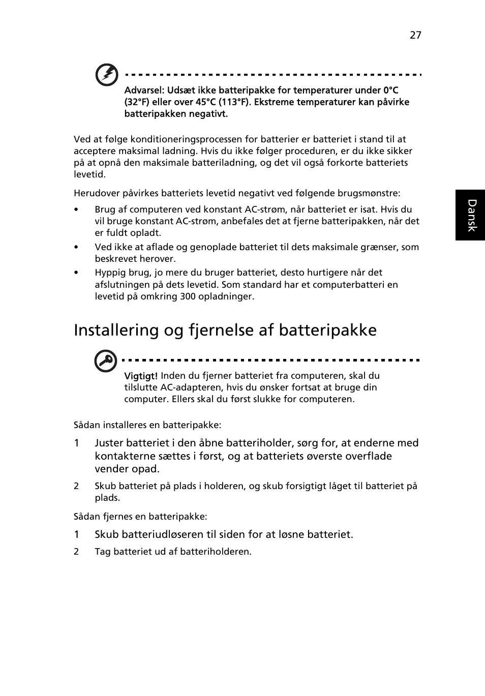 Installering og fjernelse af batteripakke | Acer TravelMate 4750 User Manual | Page 641 / 2286