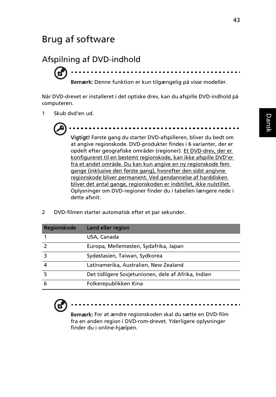 Brug af software, Afspilning af dvd-indhold | Acer TravelMate 4750 User Manual | Page 657 / 2286