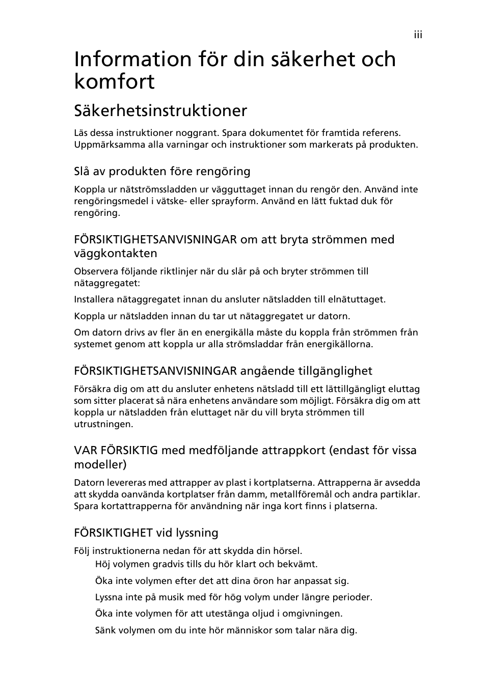 Information för din säkerhet och komfort, Säkerhetsinstruktioner | Acer TravelMate 4750 User Manual | Page 671 / 2286