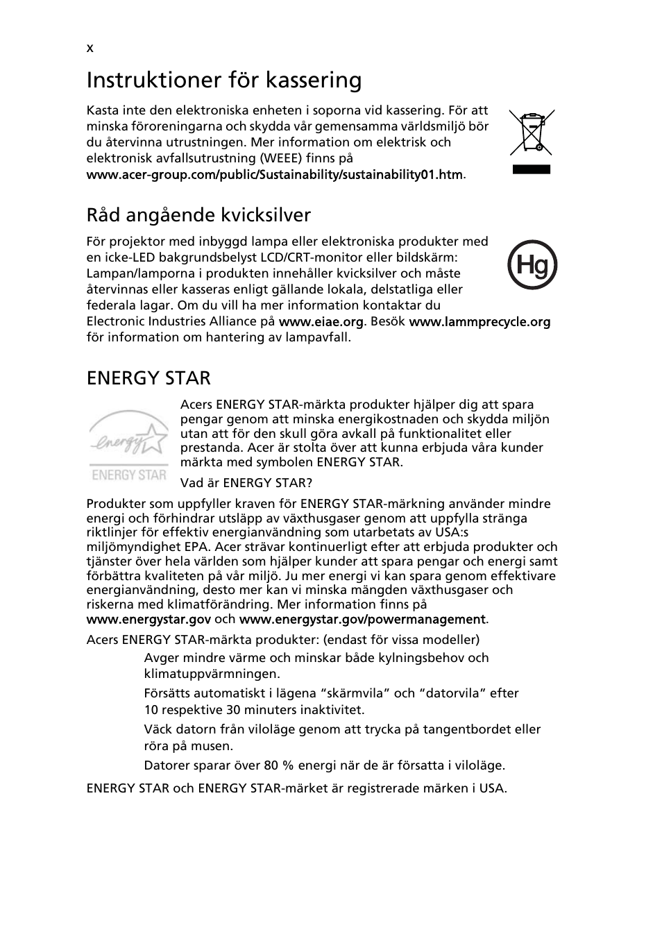 Instruktioner för kassering, Råd angående kvicksilver, Energy star | Acer TravelMate 4750 User Manual | Page 678 / 2286