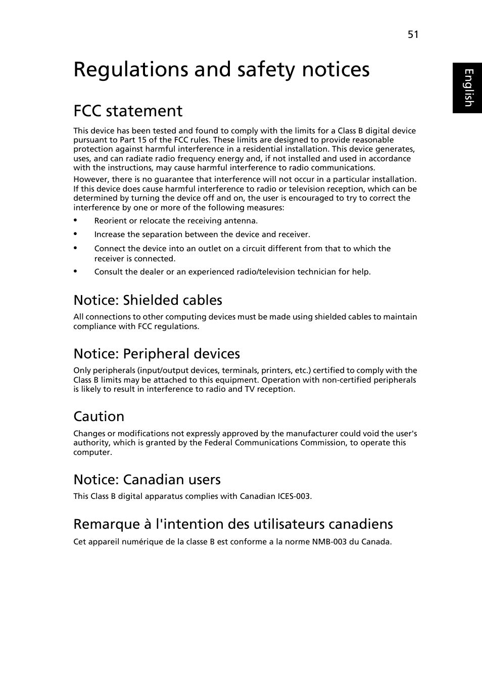 Regulations and safety notices, Fcc statement, Notice: shielded cables | Notice: peripheral devices, Caution, Notice: canadian users, Remarque à l'intention des utilisateurs canadiens | Acer TravelMate 4750 User Manual | Page 71 / 2286