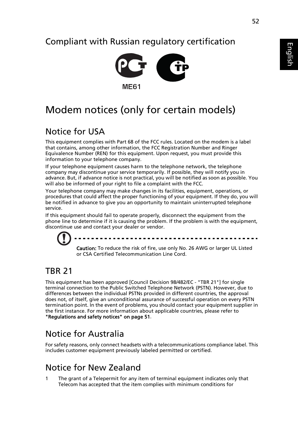 Modem notices (only for certain models), Compliant with russian regulatory certification, Notice for usa | Tbr 21, Notice for australia, Notice for new zealand | Acer TravelMate 4750 User Manual | Page 72 / 2286