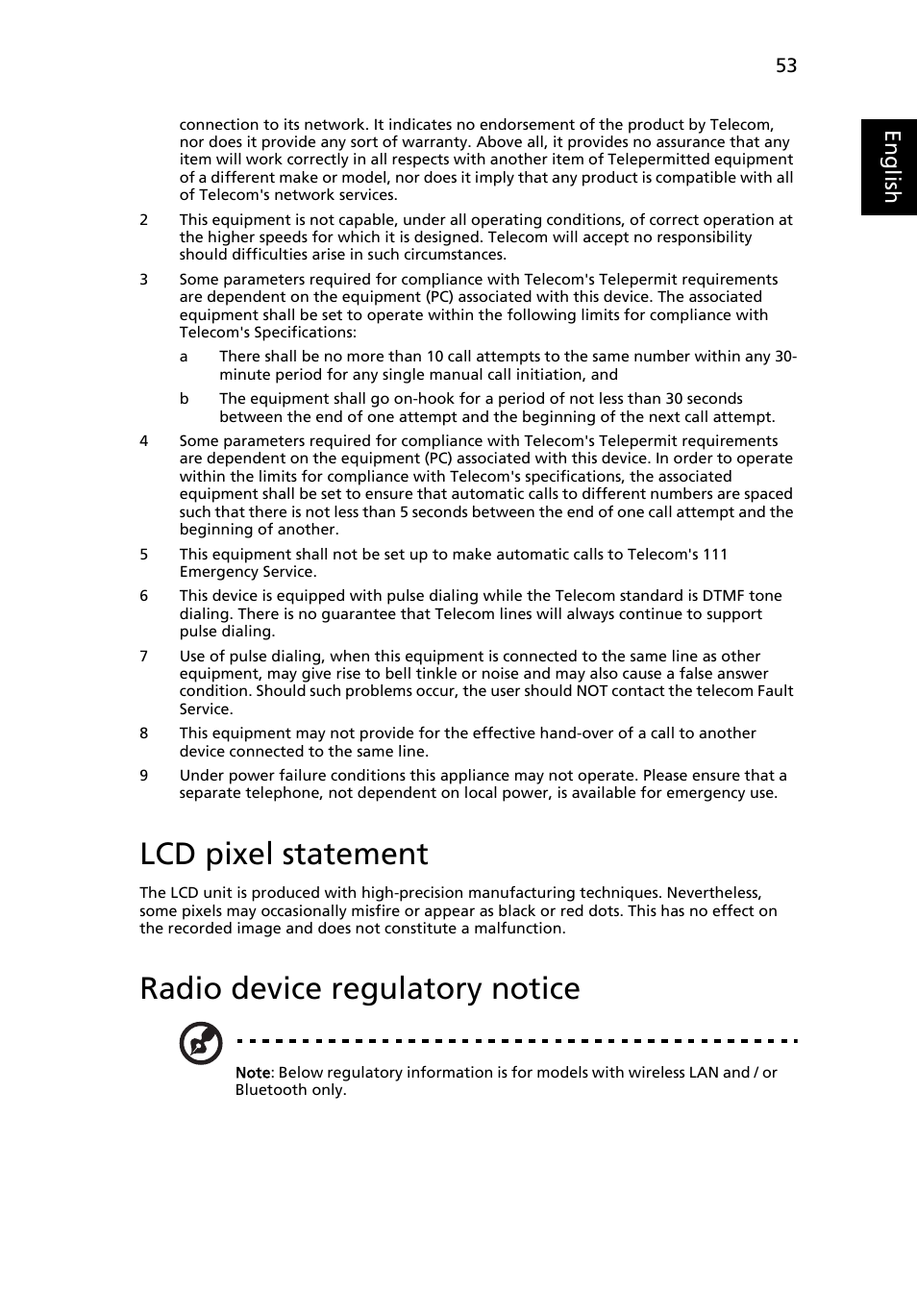 Lcd pixel statement, Radio device regulatory notice, Eng lis h | Acer TravelMate 4750 User Manual | Page 73 / 2286