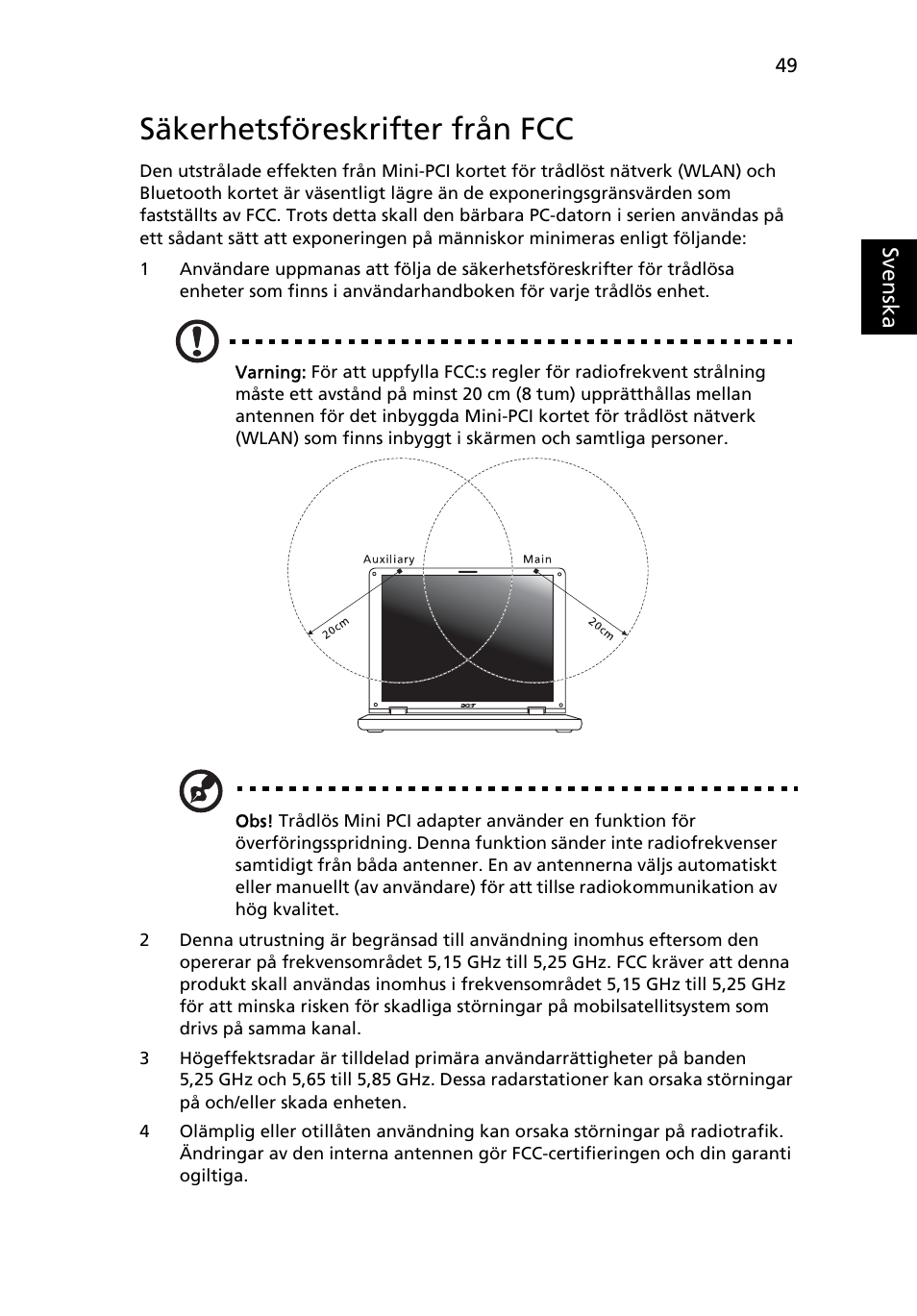 Säkerhetsföreskrifter från fcc | Acer TravelMate 4750 User Manual | Page 737 / 2286