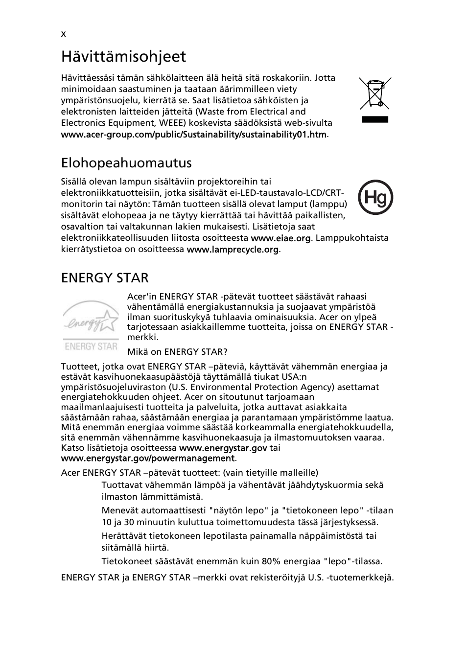 Hävittämisohjeet, Elohopeahuomautus, Energy star | Acer TravelMate 4750 User Manual | Page 748 / 2286