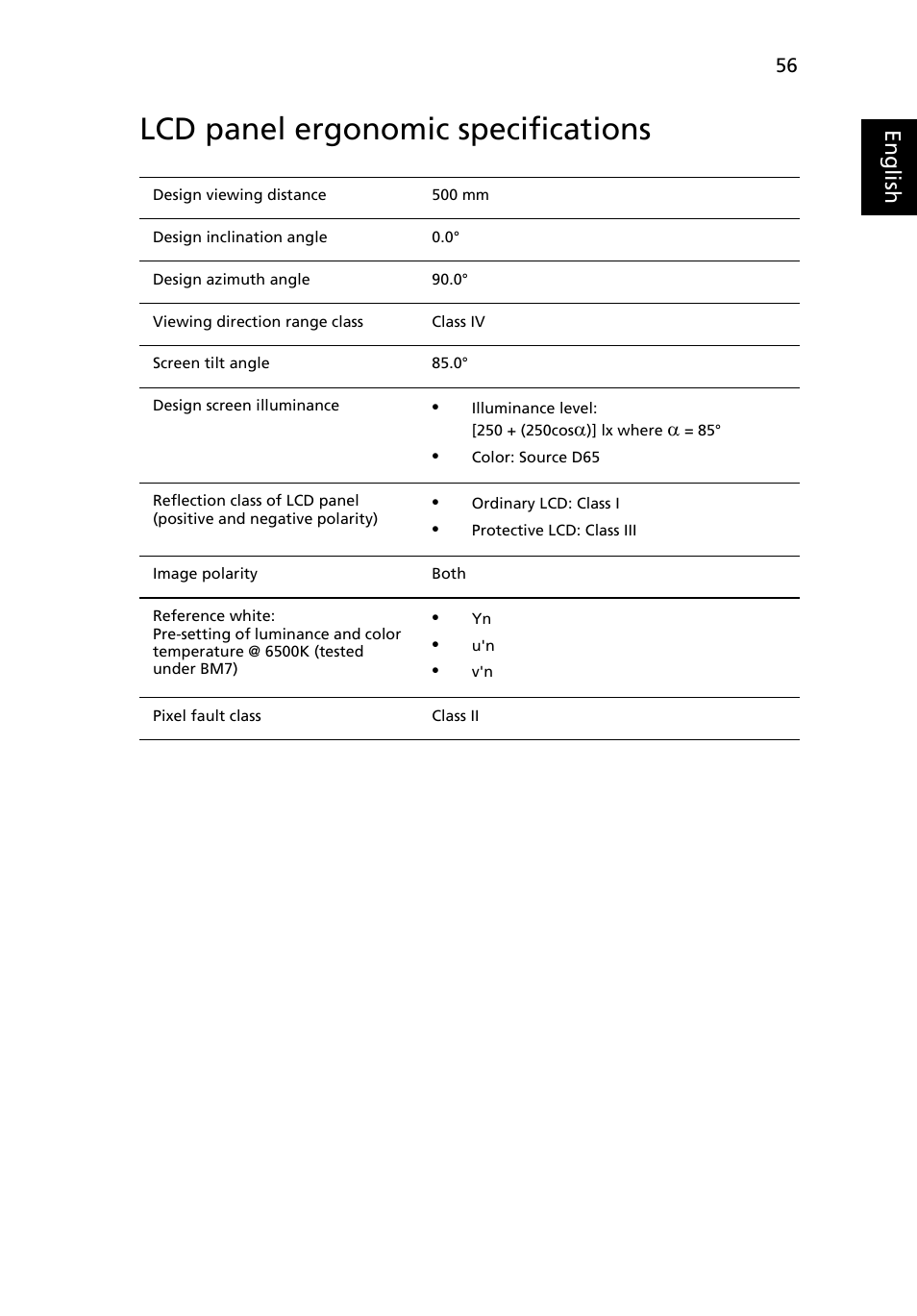 Lcd panel ergonomic specifications, Eng lis h | Acer TravelMate 4750 User Manual | Page 76 / 2286