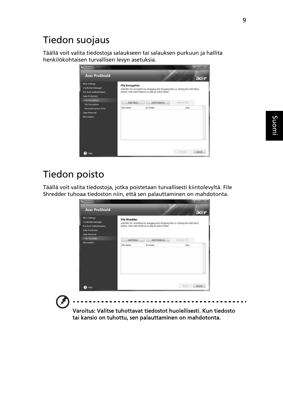 Tiedon suojaus, Tiedon poisto | Acer TravelMate 4750 User Manual | Page 767 / 2286