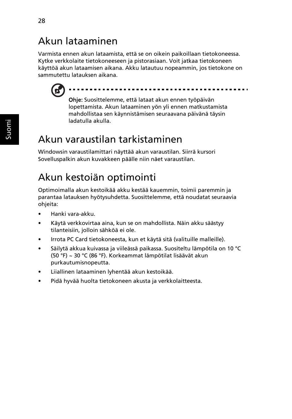 Akun lataaminen, Akun varaustilan tarkistaminen, Akun kestoiän optimointi | Acer TravelMate 4750 User Manual | Page 786 / 2286