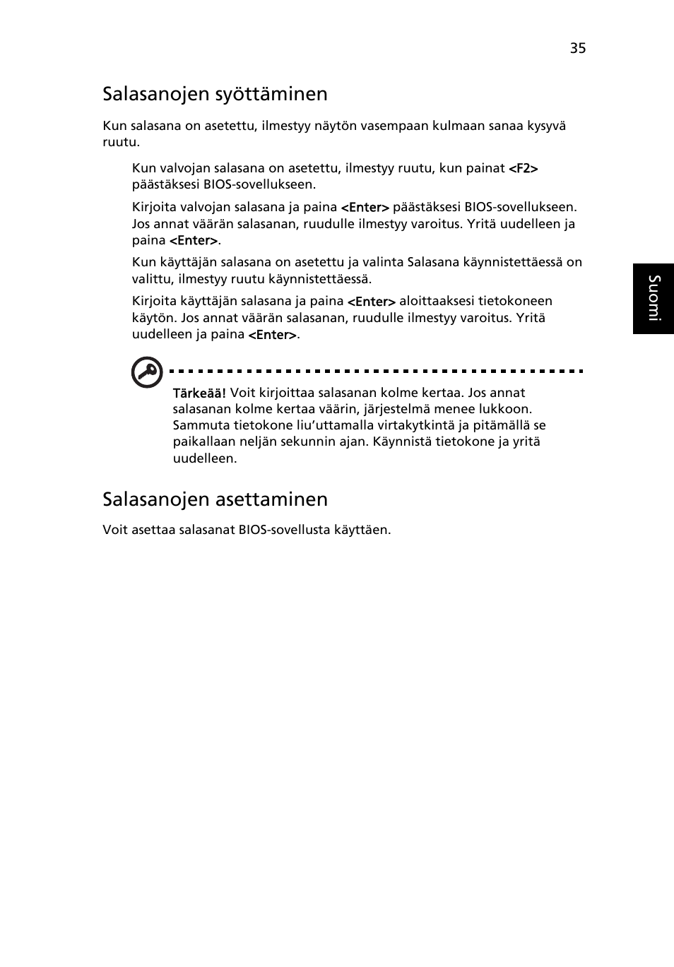 Salasanojen syöttäminen, Salasanojen asettaminen | Acer TravelMate 4750 User Manual | Page 793 / 2286