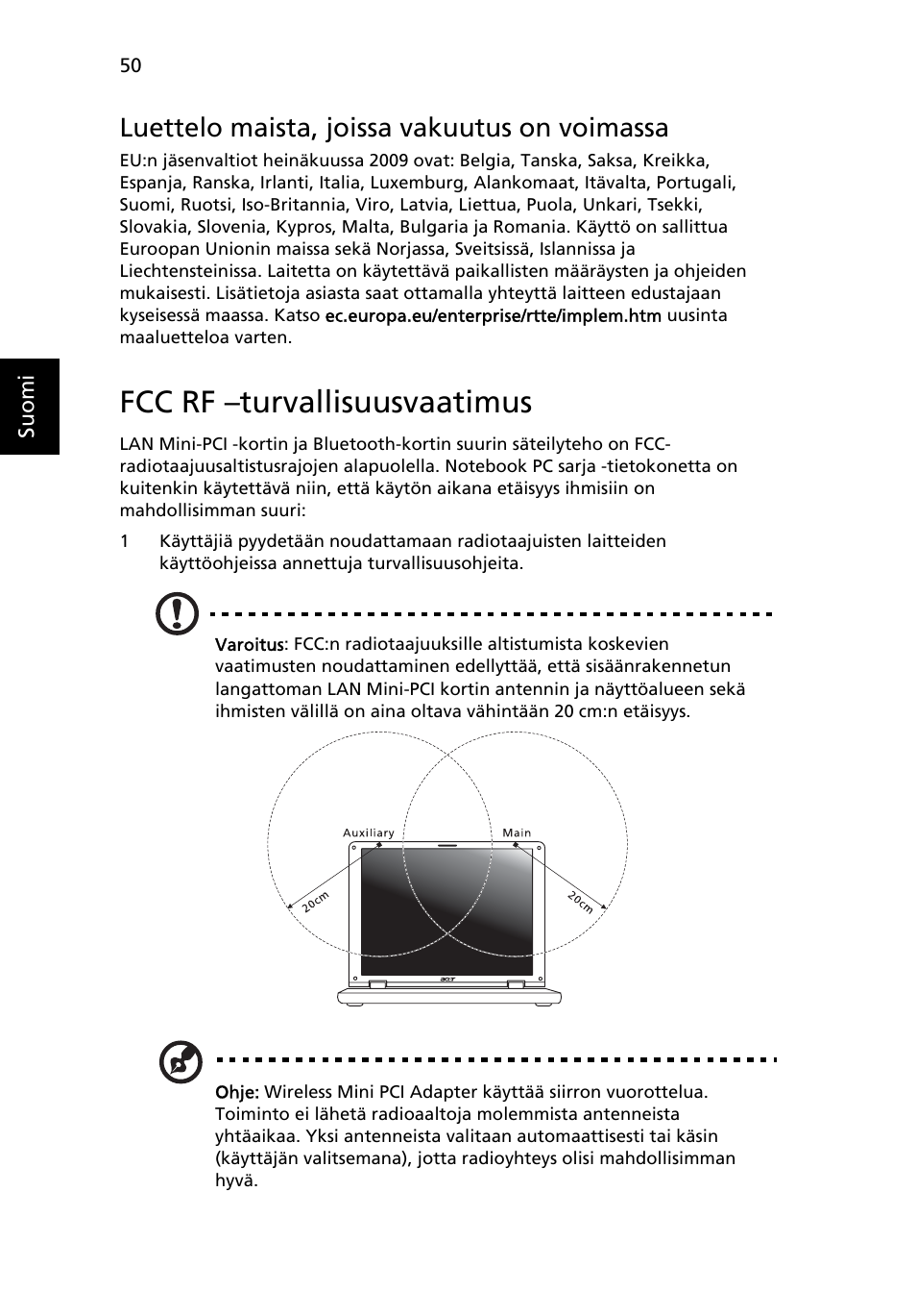 Fcc rf -turvallisuusvaatimus, Fcc rf –turvallisuusvaatimus, Luettelo maista, joissa vakuutus on voimassa | Acer TravelMate 4750 User Manual | Page 808 / 2286