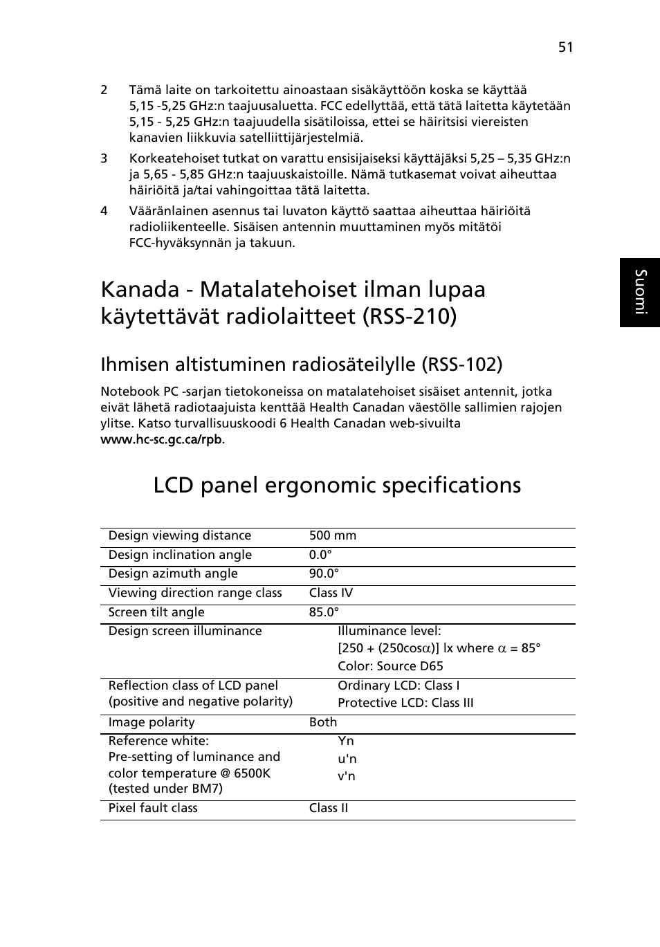 Lcd panel ergonomic specifications, Ihmisen altistuminen radiosäteilylle (rss-102) | Acer TravelMate 4750 User Manual | Page 809 / 2286