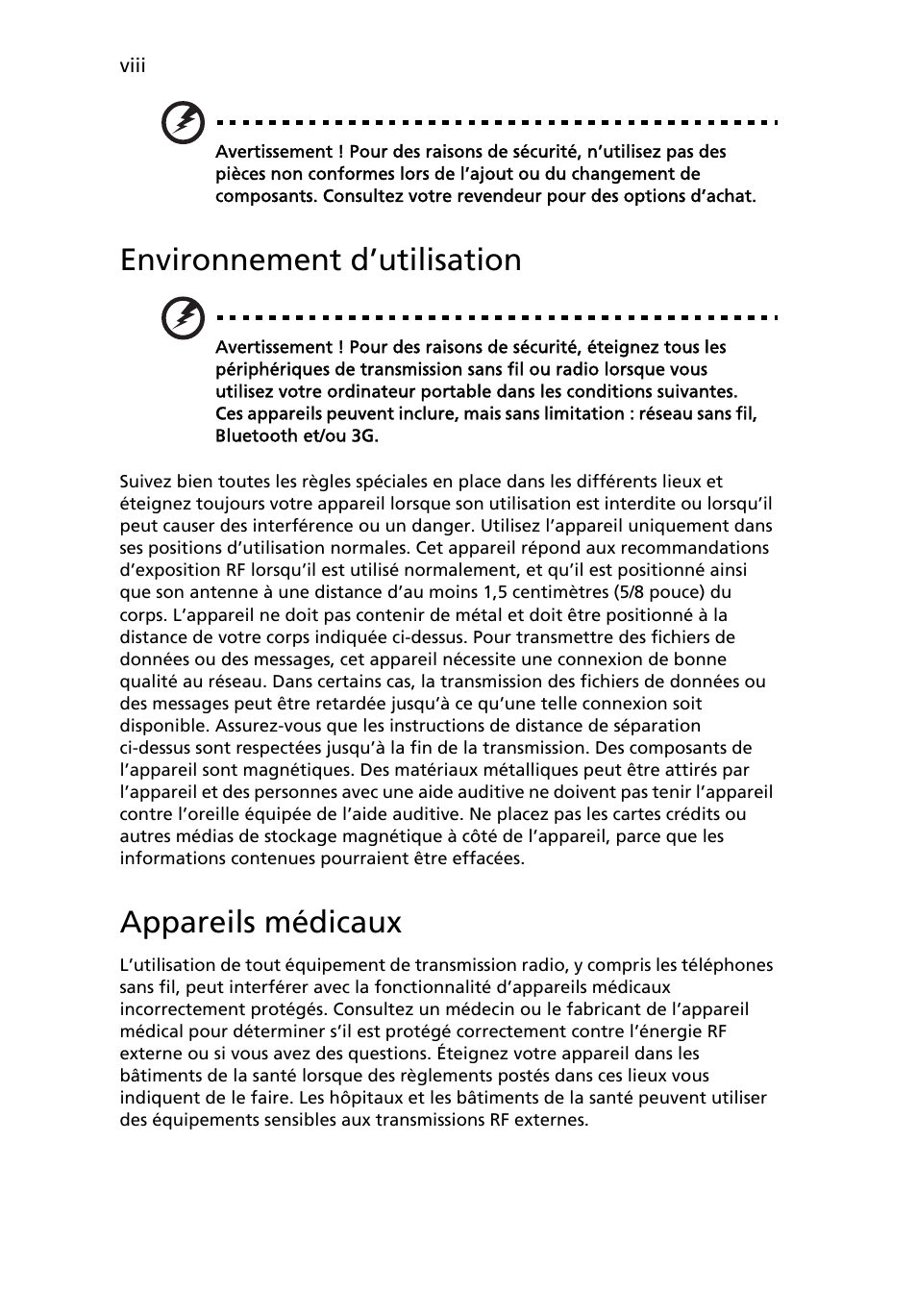 Environnement d’utilisation, Appareils médicaux | Acer TravelMate 4750 User Manual | Page 84 / 2286