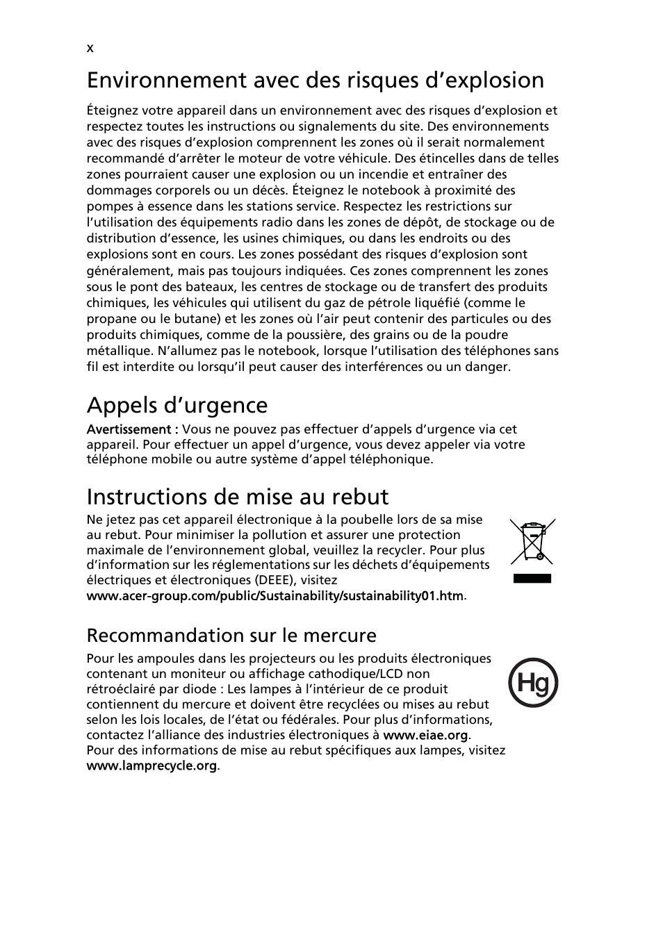 Environnement avec des risques d’explosion, Appels d’urgence, Instructions de mise au rebut | Acer TravelMate 4750 User Manual | Page 86 / 2286