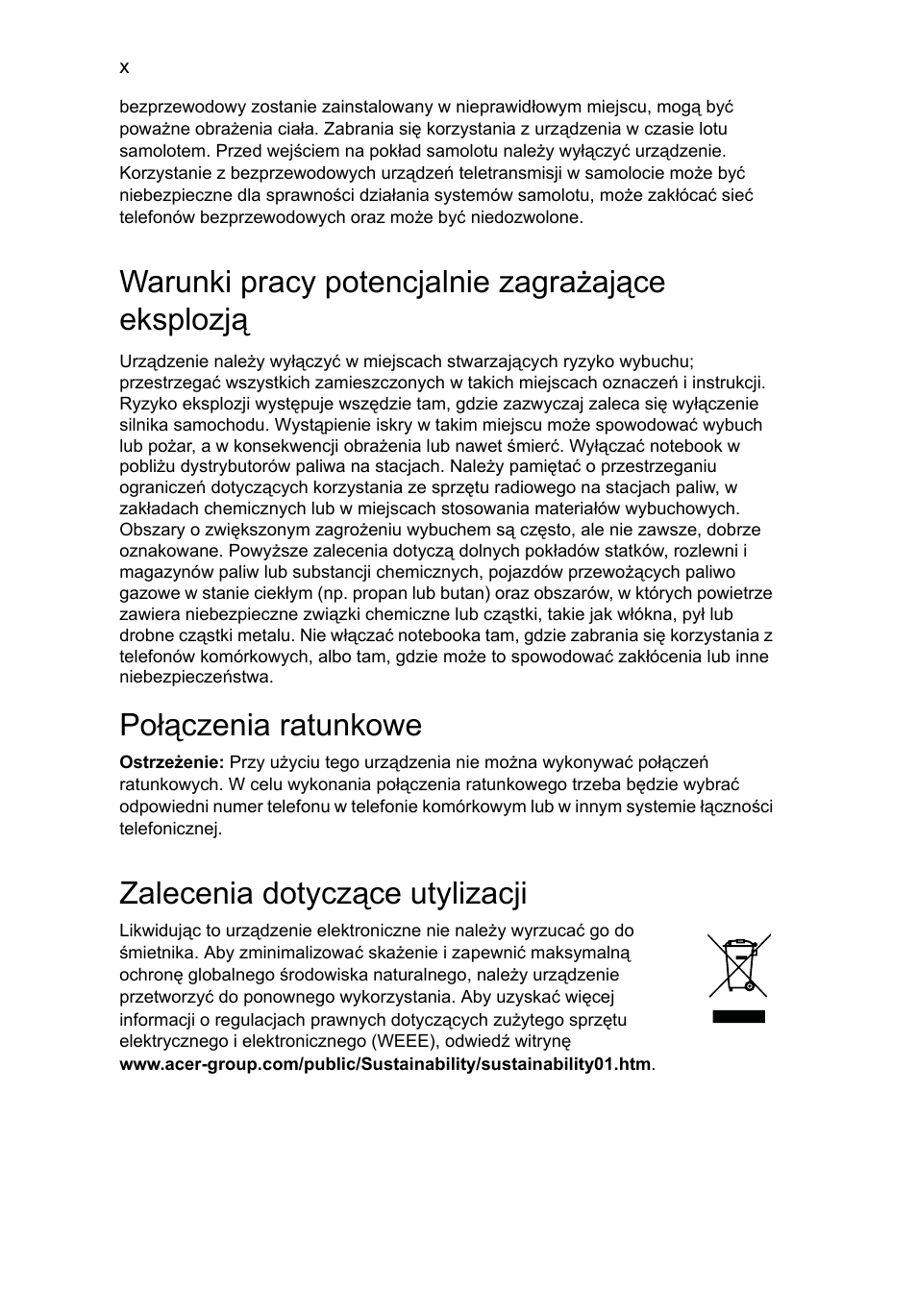 Warunki pracy potencjalnie zagrażające eksplozją, Połączenia ratunkowe, Zalecenia dotyczące utylizacji | Acer TravelMate 4750 User Manual | Page 896 / 2286