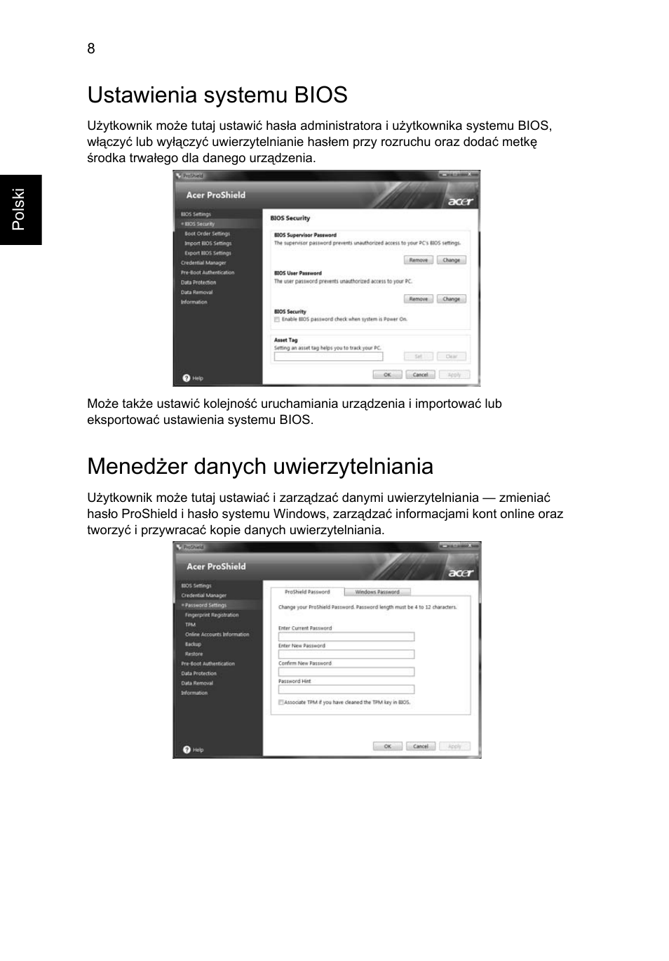 Ustawienia systemu bios, Menedżer danych uwierzytelniania | Acer TravelMate 4750 User Manual | Page 914 / 2286