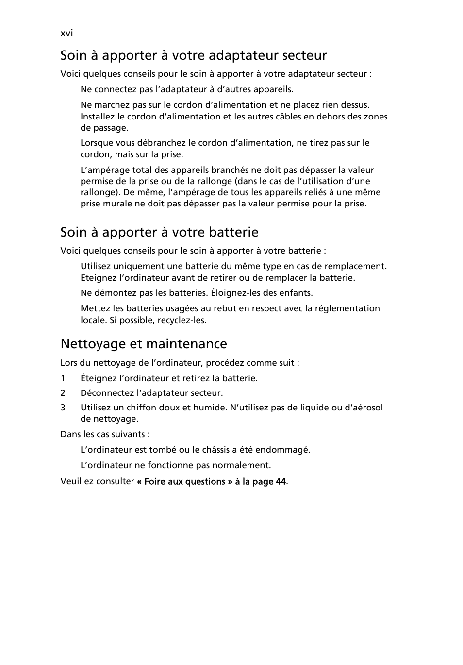 Soin à apporter à votre adaptateur secteur, Soin à apporter à votre batterie, Nettoyage et maintenance | Acer TravelMate 4750 User Manual | Page 92 / 2286