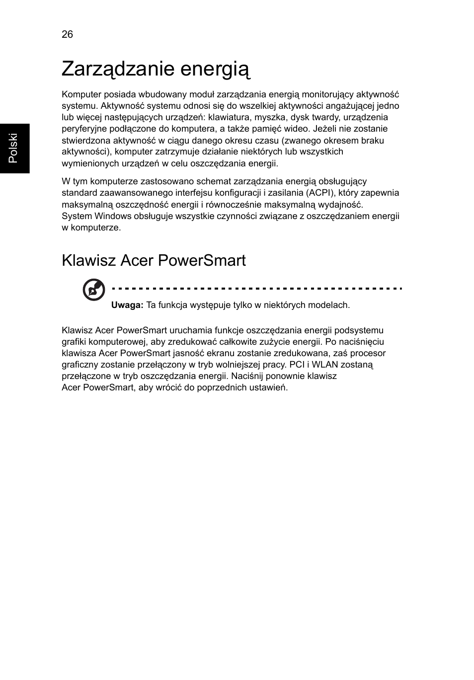 Zarządzanie energią, Klawisz acer powersmart | Acer TravelMate 4750 User Manual | Page 932 / 2286