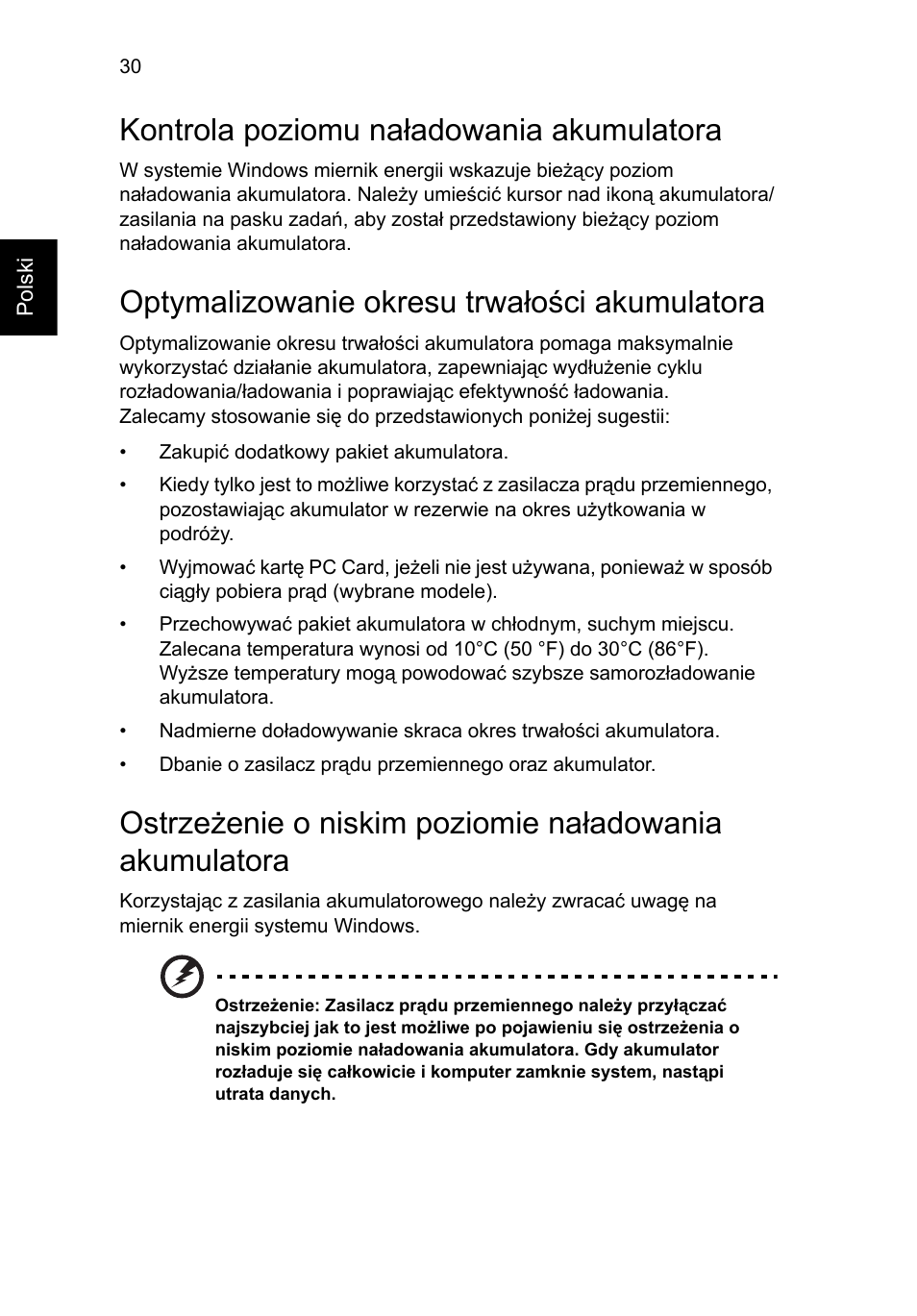 Kontrola poziomu naładowania akumulatora, Optymalizowanie okresu trwałości akumulatora | Acer TravelMate 4750 User Manual | Page 936 / 2286