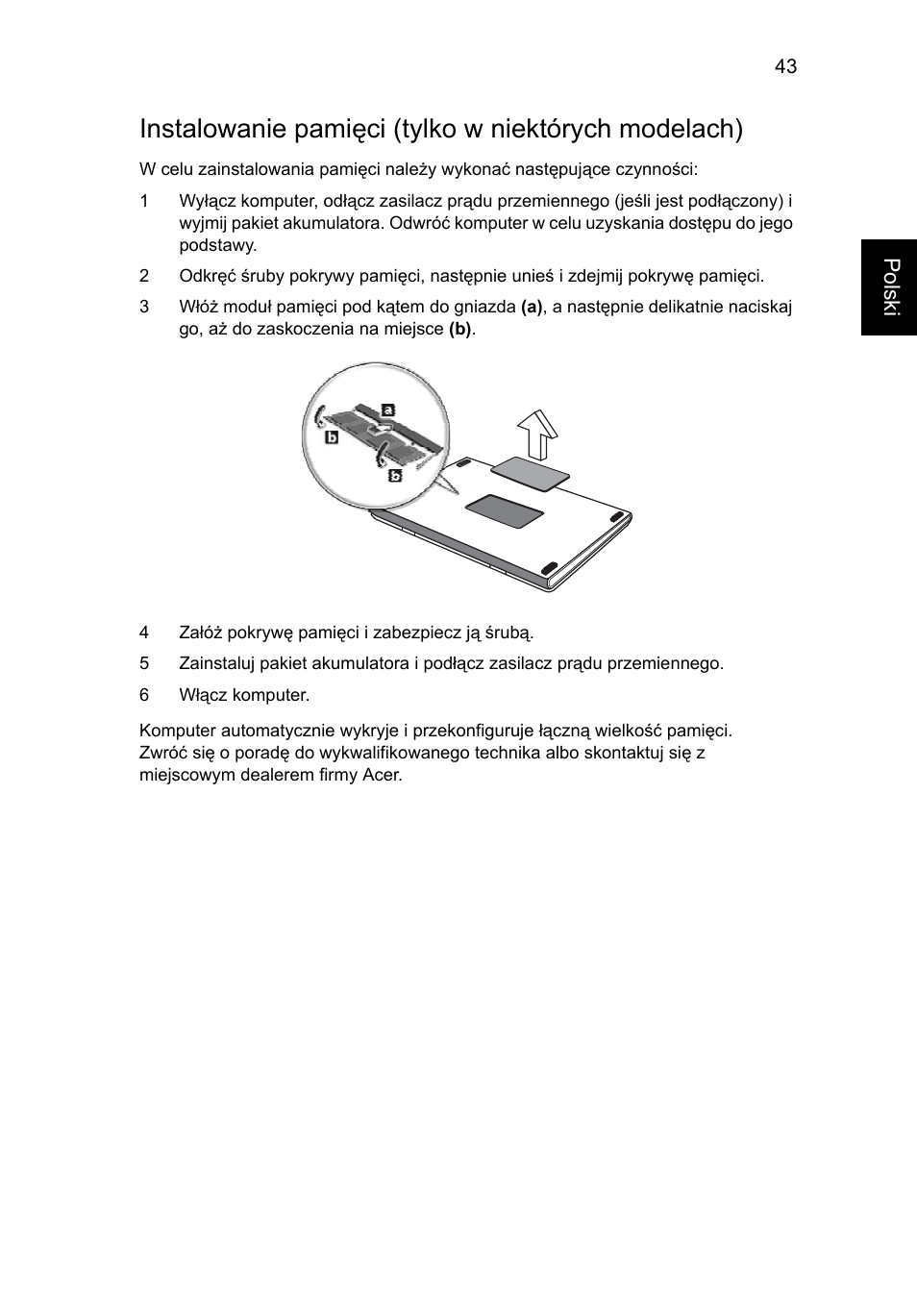 Instalowanie pamięci (tylko w niektórych modelach) | Acer TravelMate 4750 User Manual | Page 949 / 2286