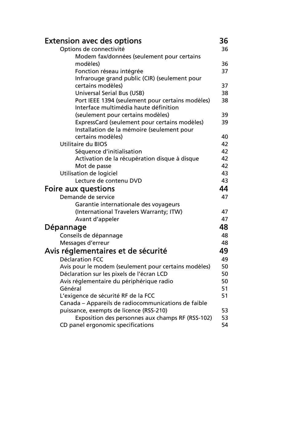 Extension avec des options 36, Foire aux questions 44, Dépannage 48 | Avis réglementaires et de sécurité 49 | Acer TravelMate 4750 User Manual | Page 95 / 2286