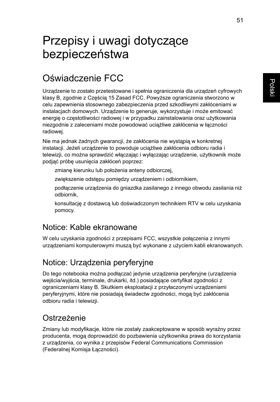 Przepisy i uwagi dotyczące bezpieczeństwa, Oświadczenie fcc, Notice: kable ekranowane | Notice: urządzenia peryferyjne, Ostrzeżenie | Acer TravelMate 4750 User Manual | Page 957 / 2286