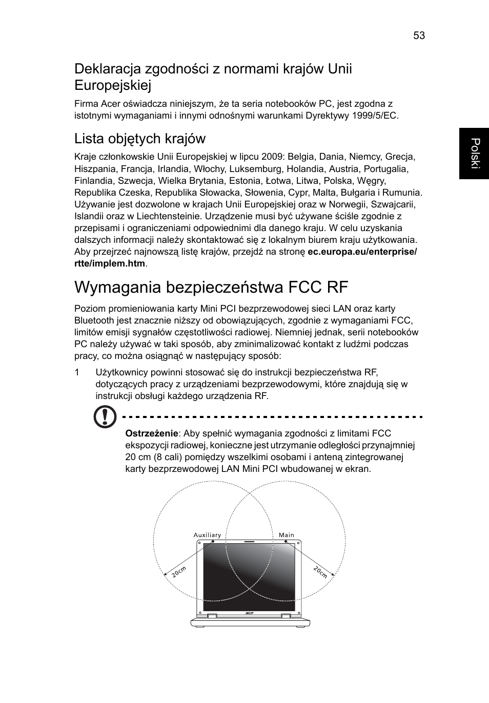 Wymagania bezpieczeństwa fcc rf, Lista objętych krajów | Acer TravelMate 4750 User Manual | Page 959 / 2286