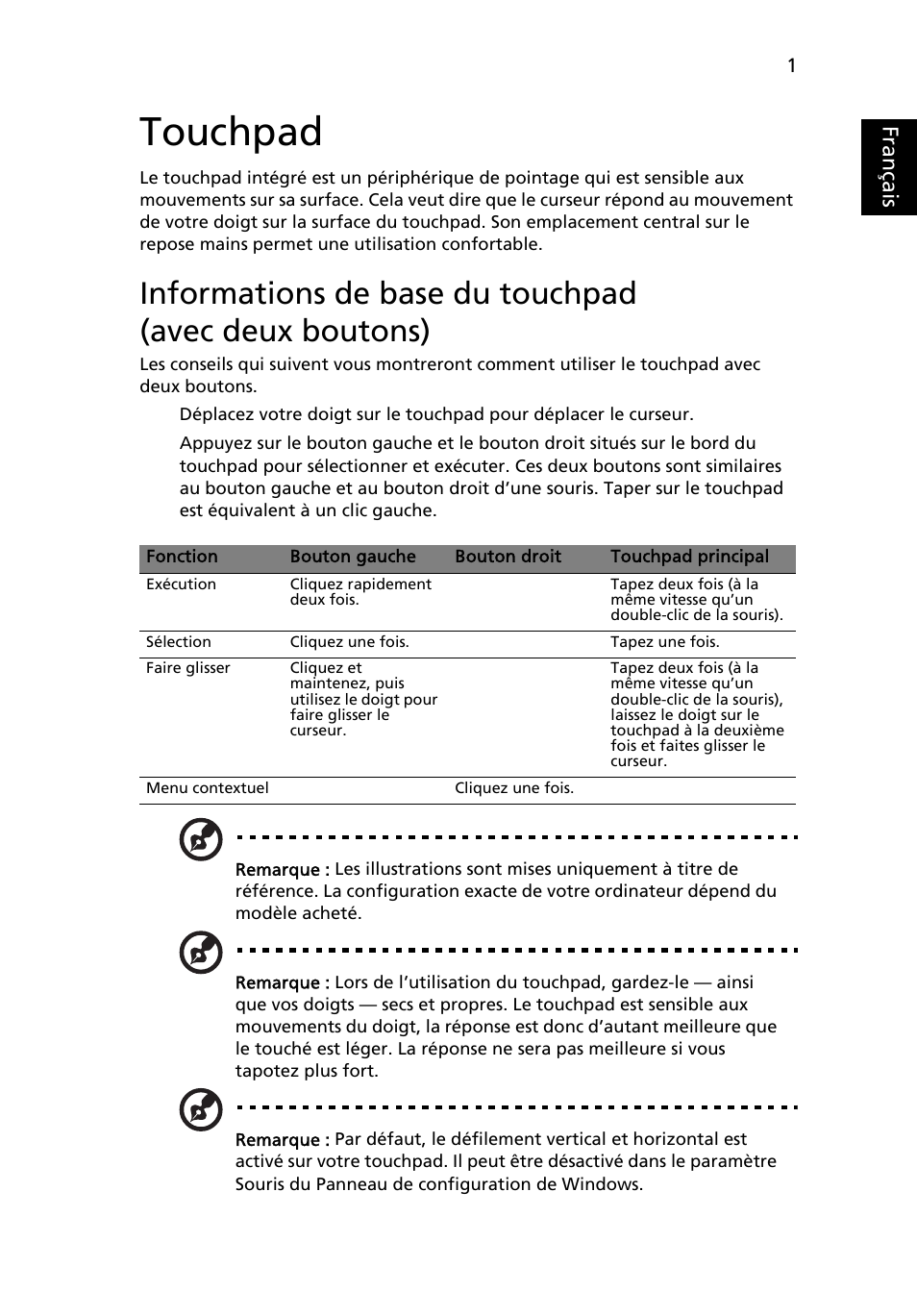 Touchpad, Français | Acer TravelMate 4750 User Manual | Page 97 / 2286