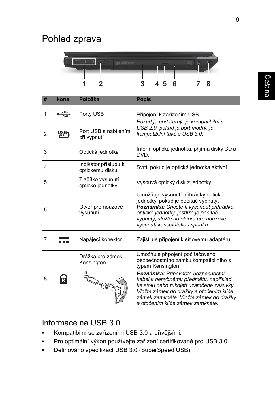 Pohled zprava, Informace na usb 3.0 | Acer TravelMate P643-MG User Manual | Page 167 / 320
