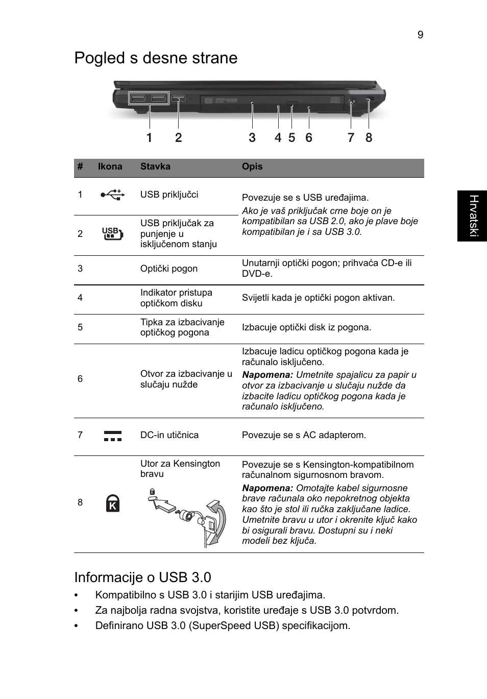Pogled s desne strane, Informacije o usb 3.0 | Acer TravelMate P643-MG User Manual | Page 197 / 320