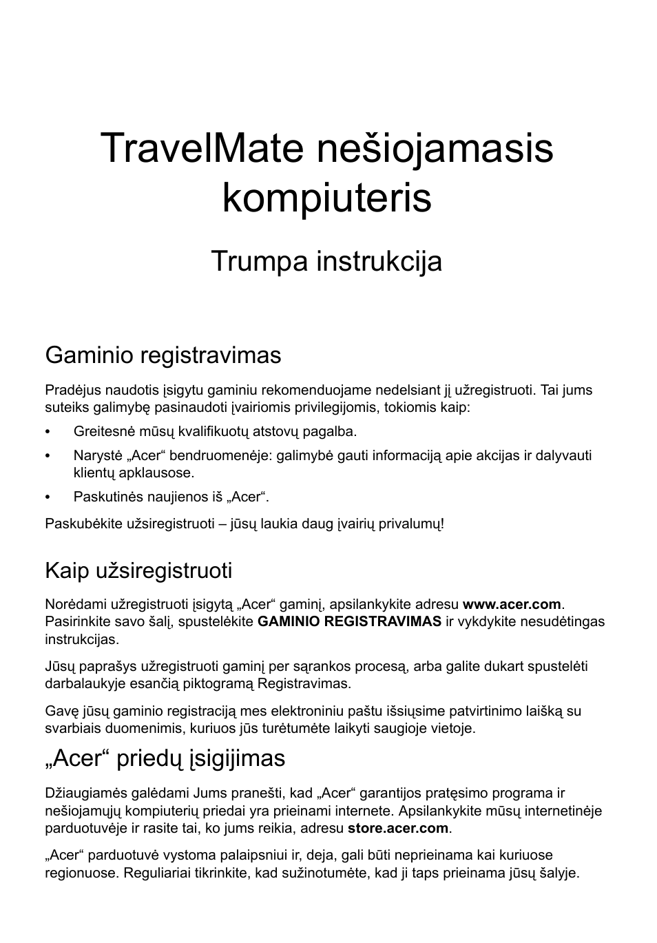 Lietuviškai, Gaminio registravimas, Kaip užsiregistruoti | Acer“ priedų įsigijimas, Travelmate nešiojamasis kompiuteris, Trumpa instrukcija | Acer TravelMate P643-MG User Manual | Page 239 / 320