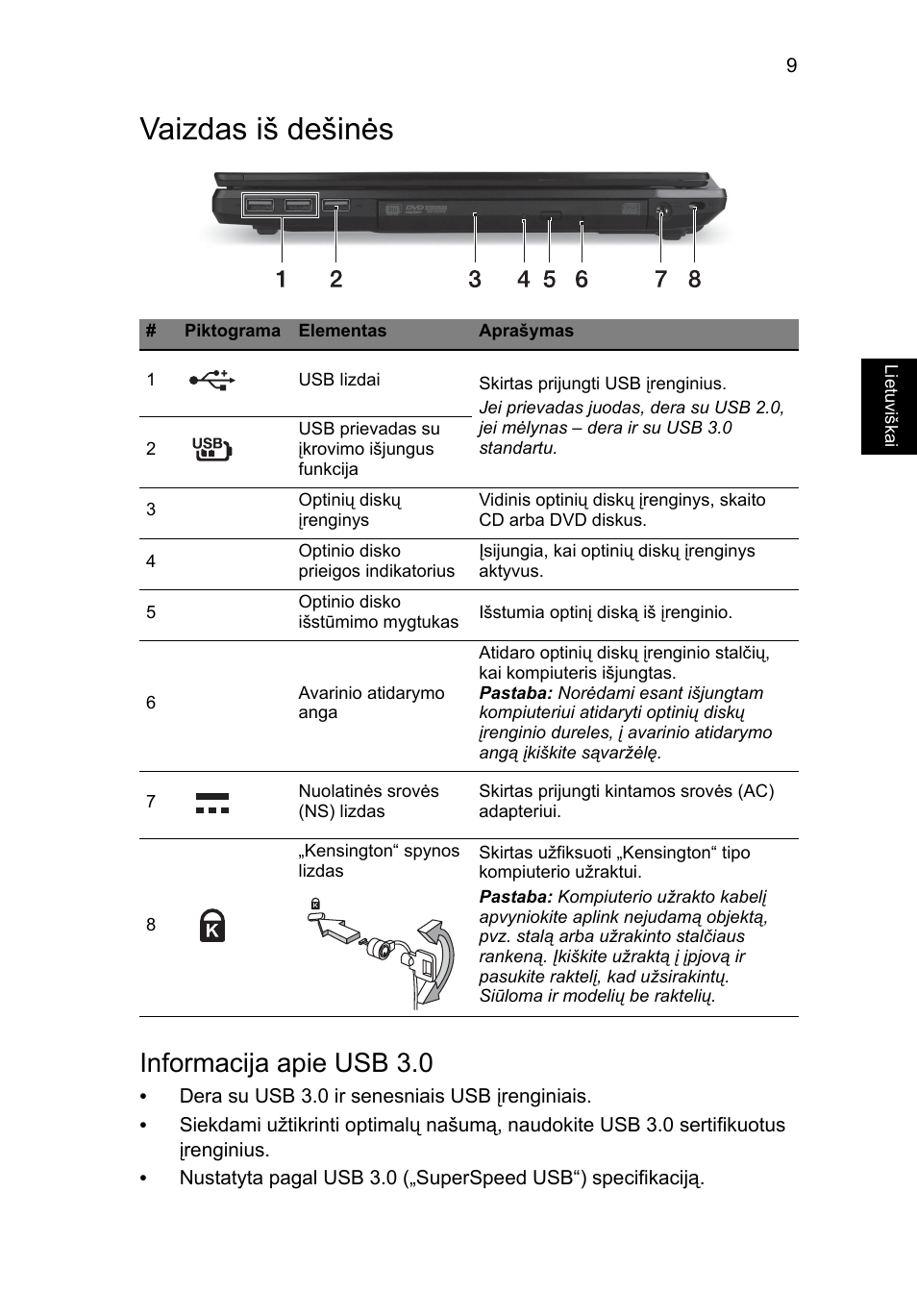 Vaizdas iš dešinės, Informacija apie usb 3.0 | Acer TravelMate P643-MG User Manual | Page 247 / 320