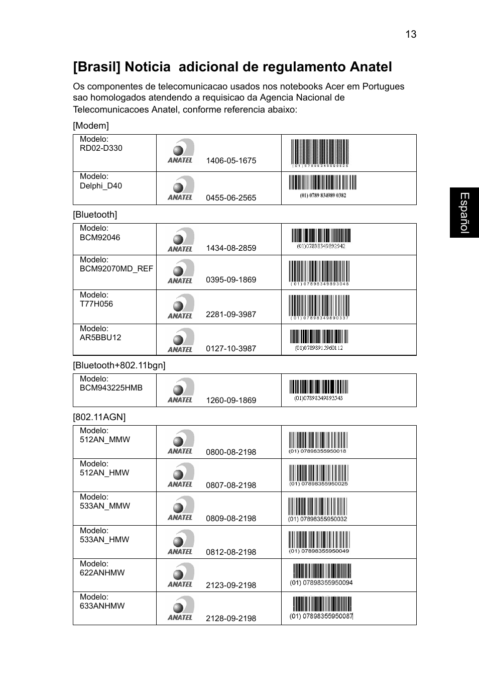 Brasil] noticia adicional de regulamento anatel, Eng lish esp añol | Acer TravelMate P643-MG User Manual | Page 61 / 320