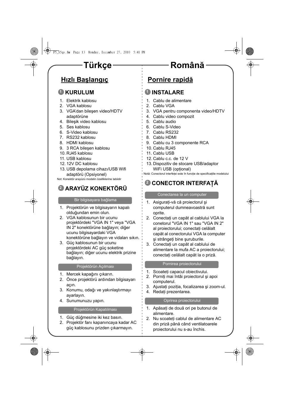 Türkçe română, Hızlı başlangıç, Pornire rapidă | Kurulum, Arayüz konektörü, Instalare, Conector interfaţă | Acer S5301WB User Manual | Page 11 / 22