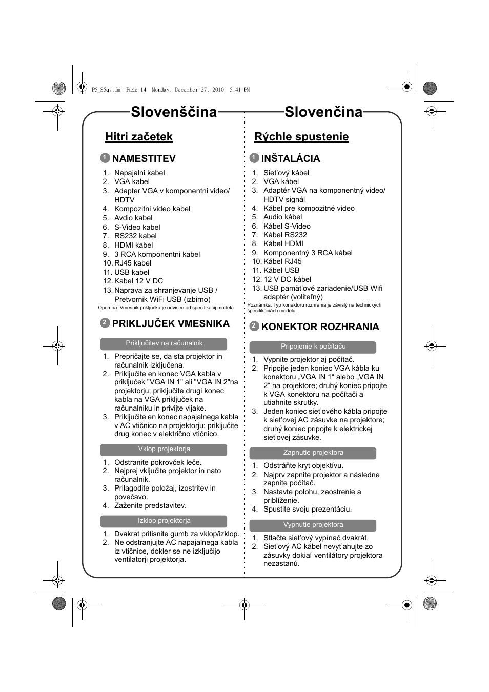Slovenščina slovenčina, Hitri začetek, Rýchle spustenie | Namestitev, Priključek vmesnika, Inštalácia, Konektor rozhrania | Acer S5301WB User Manual | Page 12 / 22