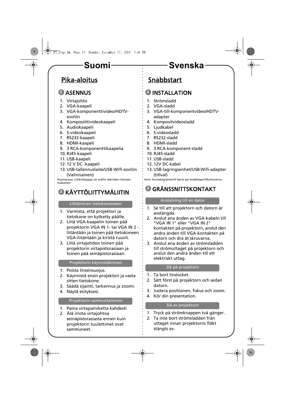 Suomi svenska, Pika-aloitus, Snabbstart | Asennus, Käyttöliittymäliitin, Installation, Gränssnittskontakt | Acer S5301WB User Manual | Page 13 / 22