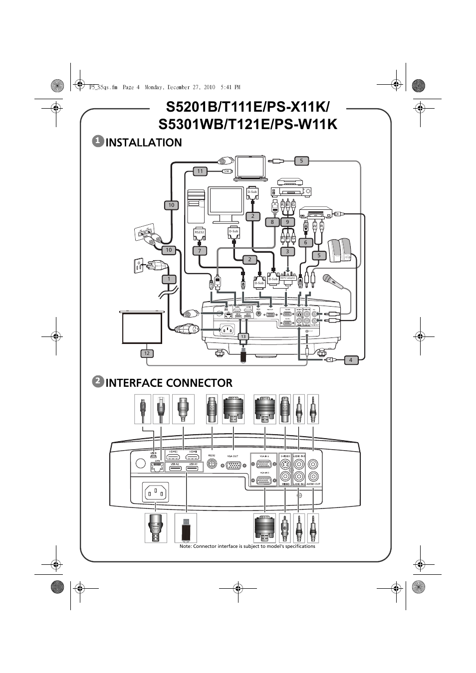 Installation interface connector | Acer S5301WB User Manual | Page 2 / 22