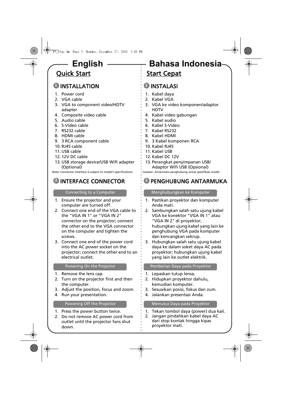 English bahasa indonesia, Quick start, Start cepat | Installation, Interface connector, Instalasi, Penghubung antarmuka | Acer S5301WB User Manual | Page 3 / 22