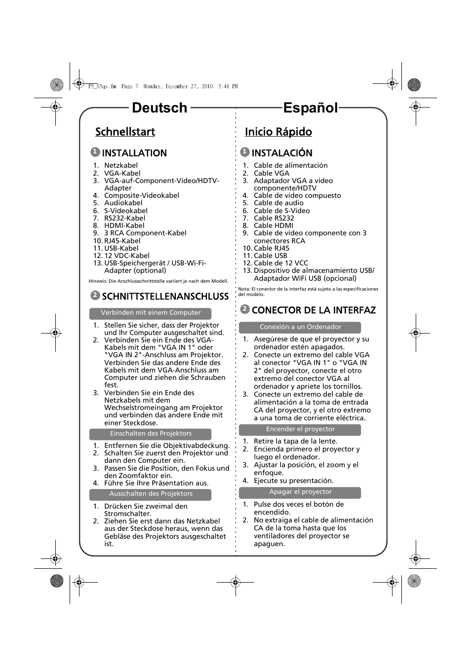 Deutsch español, Schnellstart, Inicio rápido | Installation, Schnittstellenanschluss, Instalación, Conector de la interfaz | Acer S5301WB User Manual | Page 5 / 22